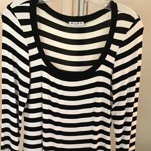 BCBG Paris black and white striped top, size L